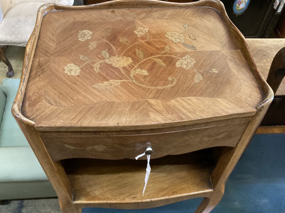 A French marquetry inlaid kingwood bedside cabinet, width 37cm, depth 30cm, height 74cm